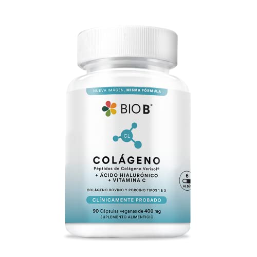 Consejos y comparativas para Comprar Cual es el mejor acido hialuronico los mejores 5. 34 BIO B | Colágeno Hidrolizado Verisol® 90 Cápsulas Veganas + Ácido Hialurónico + Vitamina C | Fortalece Uñas y Cabello. Humectación | Colágeno bovino y porcino tipo 1 y 3