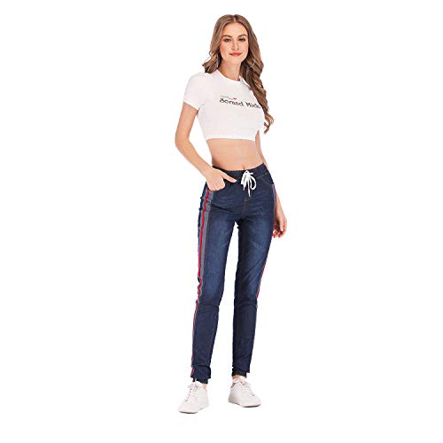 XZANTE Mujeres Vintage Casual Jogger Pants Drawstring Cintura Elástica Jeans Ladies Bolsillos Side Striped Lápiz Pantalones Sueltos Pantalones de Vaquero XL