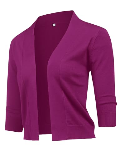 Image of URRU Women's Classic 3 /4 Sleeve Open Front Cropped Cardigan Sweater Lightweight Knit Short Shrugs