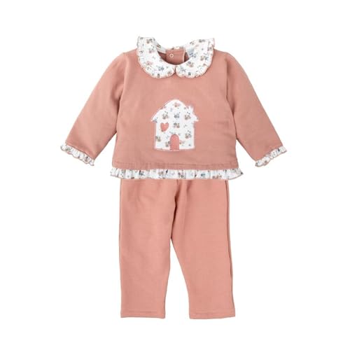 BABIDU | Chandal Niña con Sudadera Bordado Casita, Cuello y Volantes Florales, Pantalón Largo a Juego, Conjunto Completo Felpa Algodón Suave, Ropa Infantil de 1 a 4 Años