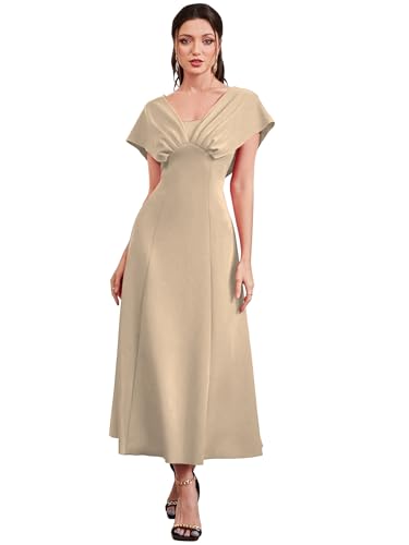 Image of Shasmi Women's & Girl's Solid A-Line Maxi Dress | V-Neck Pleated Bodice | Cap Batwing Sleeves | Fit & Flare Evening Gown (Dress 274)