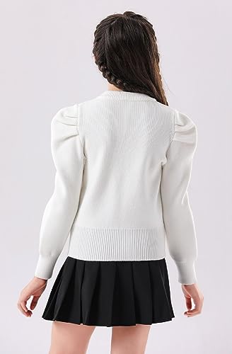 SMILING PINKER Girls Sweater Pullover Puff Sleeve Crew Neck Butterfly Camellia Knitted Crop Top4