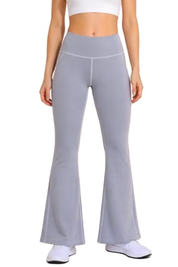 Women High Waist Flare Yoga Pants Grey Marl Bootcut Leggings with Pockets Stretch Gym Workout Pants Contrast Stitch-image-27