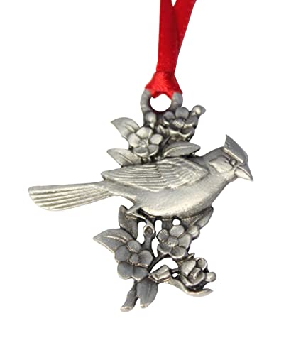 Cardinal Ornament Fine Pewter Bird Flowering Tree Seasonal Decoration Hand Made in Michigan