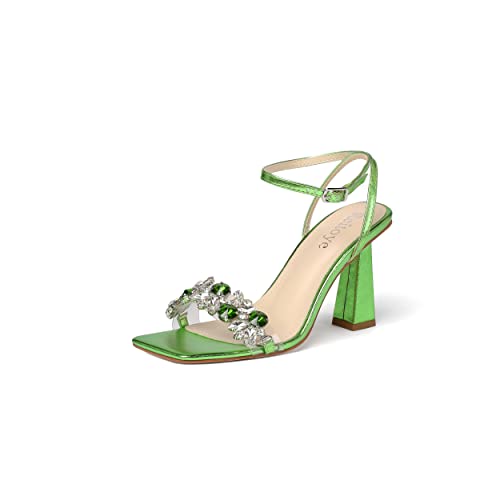 Reitoye Women's Chunky Block High Heels Ankle Strap Open Toe Thick Heeled Rhinestone Party Sandals US 9