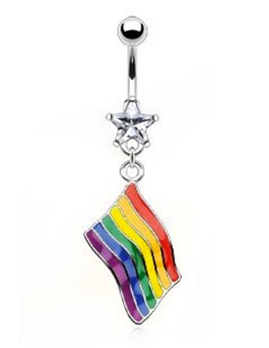 (Rainbow Flag Dangle Belly Ring) - Rainbow Flag Dangle Belly Ring - Gay and Lesbian Pride Body Jewelry - LGBT Belly Button Navel Rings. LGBT Pride - Gay and Lesbian