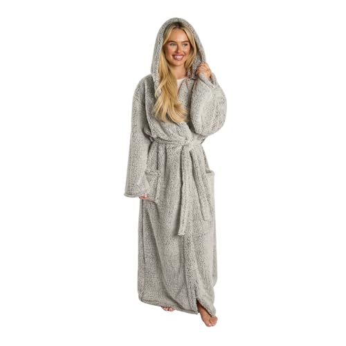 OHS Dressing Gown Teddy Marl Super Soft Warm Hooded Full Length Ladies Dressing Gowns with Pockets Oversized Bathrobe Women Adult Loungewear & Sleepwear Charcoal Grey - One Size