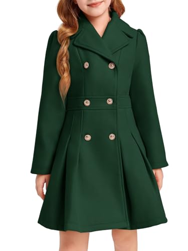 Image of Haloumoning Girls Winter Dress Coat Button Peacoat Notch Lapel Double Breasted Outerwear with Pockets 5-14 Years, Dark Green, 5-6 Years