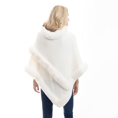 Luxurious Faux Fur Trim Cozy Knit Poncho, One Size4