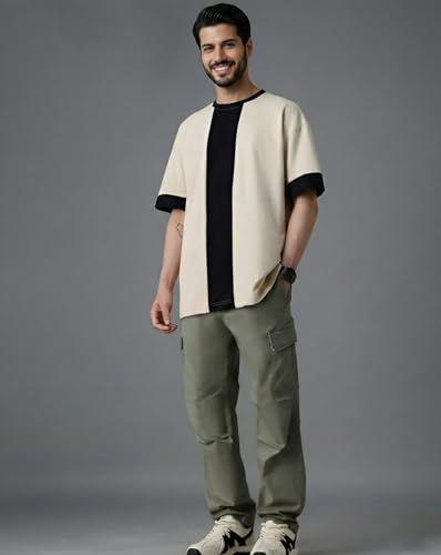 Image of Men T-Shirt, Two-Tone Ribbed Round Neck, Casual Half Sleeve Tshirts for Mens