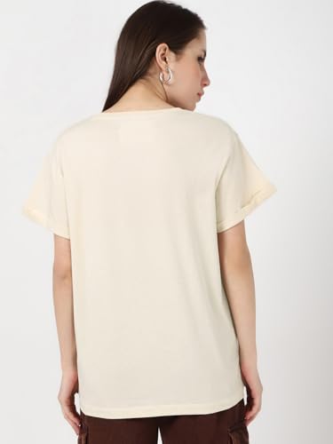 Image of Bewakoof Women's 100% Cotton Typography Boyfriend Fit Half Sleeve Round Neck T-Shirt | Casual wear | Streetwear | Oversized Tshirt for Woman Cotton| Baggy