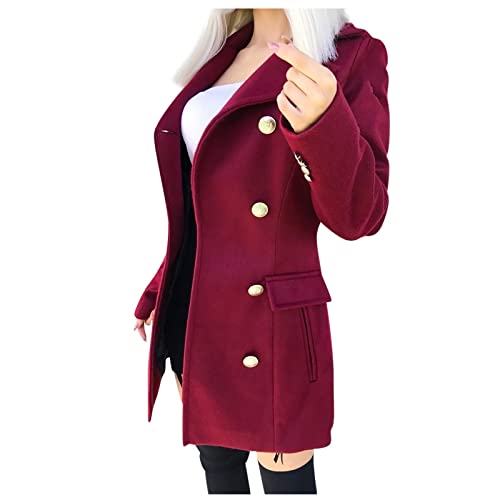 DOGZI Abrigo de lana sólida para mujer, elegante, para oficina, trabajo, otoño, invierno, manga larga, con botones, para exteriores, blusa para mujer, Vino, 44