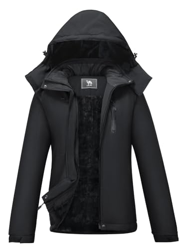 CAMEL CROWN Damen Warm Winter Skijacken Wasserdicht Schneemantel mit Kapuze Berg Winddicht Regenjacke, Black, Small