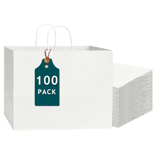 Bakepacker 100-Pack Wide Large Size Paper Bags With Handles Bulk 12.6x4.3x10 White Party Shopping Bags