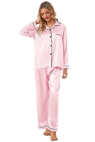 Image of Schbbbta Girls & Women Satin Pajamas Set, 2Piece Silk Nightwear Button-Down Sleepwear for Teen Kids, 3 Years - Women XXL