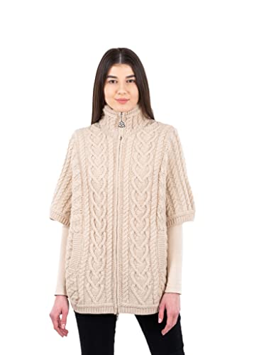 Cárdigan irlandés para mujer hecho de 100% lana merino estilo poncho