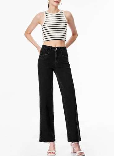 Sidefeel Women's Wide Leg Jeans High Waisted Stretchy Jeans Straight Leg Zimbaplatinum Ankle Denim Pants with Slant Pockets - Image 5