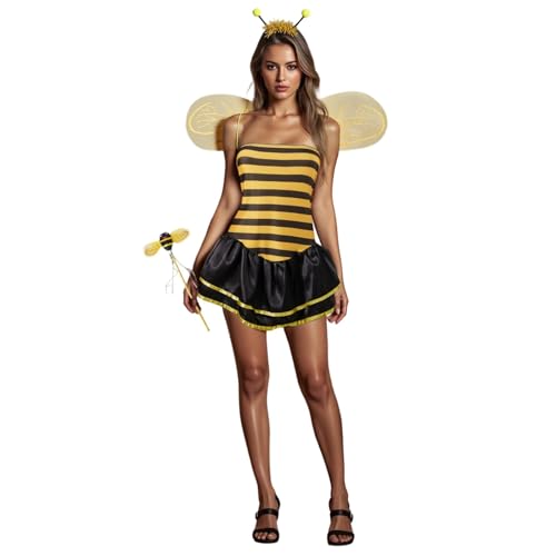 Alaurbeauty Disfraz de abeja de Halloween para mujer, bonito vestido de tubo a rayas con alas, para fiesta temática de abejorro (amarillo, XL)