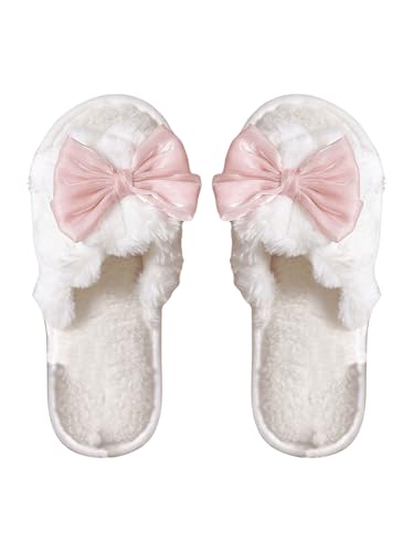 Verdusa Women's 3D Bow Plush Fuzzy Slippers Open Toe Warm Indoor Bride Wedding Slippers
