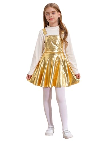 Kids Girls Suspender Overall Dress Metallic Adjustable Strap Jumper Holographic Skater Skirt Dress3