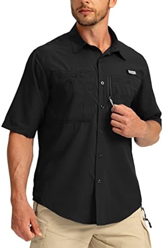 Men's Fishing Shirts with Zipper Pockets UPF 50+ Lightweight Cool Short Sleeve Button Down Shirts for Men Casual Hiking(Black, Large)