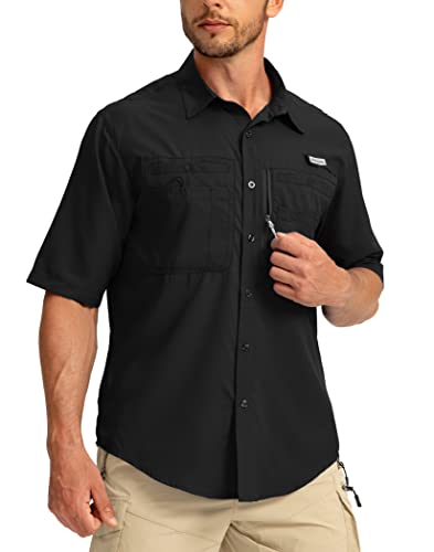 Men's Fishing Shirts With Zipper Pockets Upf 50+ Lightweight Cool Short Sleeve Button Down Shirts For Men Casual Hiking(Black, Large) #TOP7