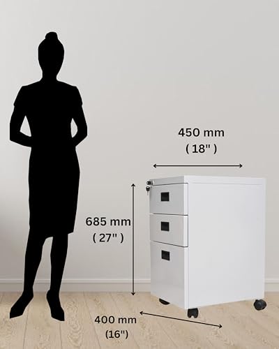 Image of Shubham Furnitures 3 Drawer Steel Pedestal Cabinet | Lockable Powder Coated Filing Cabinet for Files, Documents & Stationery | Office Storage Unit (Light Grey, Pedestal with Wheels)