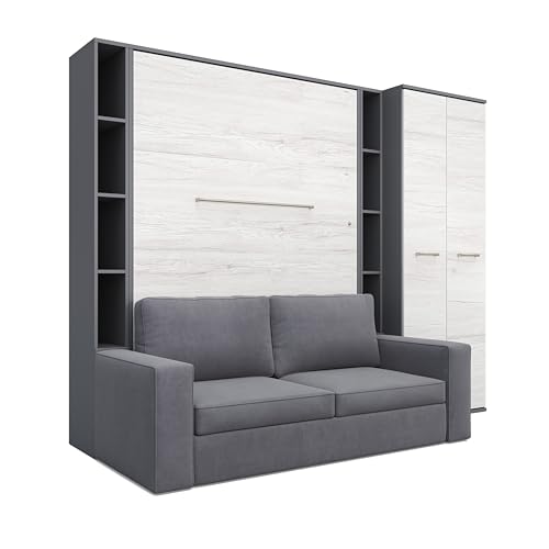 MAXIMAHOUSE Schrankbett vertikal mit Sofa, 2 Regalen und Kleiderschrank, Invento LED 140V mit Lattenrost aus Holz, Wandklappbett 140x200 modern Design (Grau/Eiche Monaco + graues Sofa)