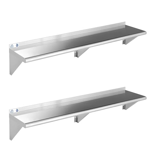 Image of ROCKPOINT Stainless Steel Shelf 12 x 60 Inches 400lb, 2 Pack NSF Commercial Wall Mount Floating Shelving with Backsplash for Restaurant, Kitchen, Home and Hotel, Silver