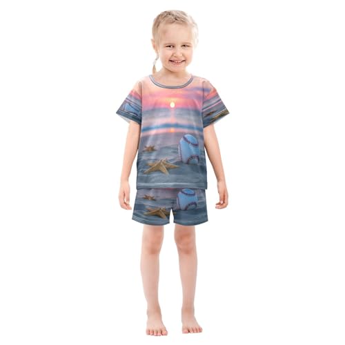 ALAZA Baseball Starfish Sunset Ocean Pajamas Set Short Sleeve Cotton Sleepwear Summer Pjs 2 Piece 5-14Y3