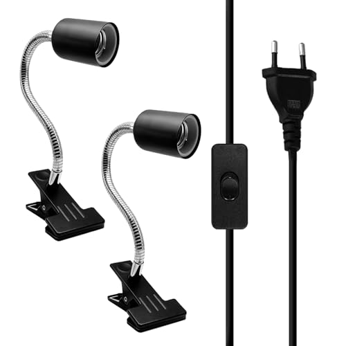Lot de 2 douilles de lampe à pince E27 - Col de cygne réglable à 360 ° - Câble long avec prise et interrupteur - Douille de lampe pour animaux en...