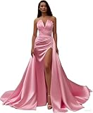 Satin-Brautkleider, trägerlos, V-Ausschnitt, Meerjungfrau, Brautjungfernkleid, Spitzenapplikation, Brautkleid mit abnehmbarer Schleppe, rose, XXS