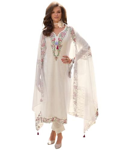 Image of INDO ERA Women's Pure Cotton Floral Embroidered Straight Kurta & Pant with Dupatta Set | Cotton Kurta Set For Woman