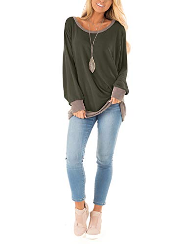 Fallorchid Women's Long Sleeve Crew Neck Tunics Loose Fit Casual Color Block Tops Army Green