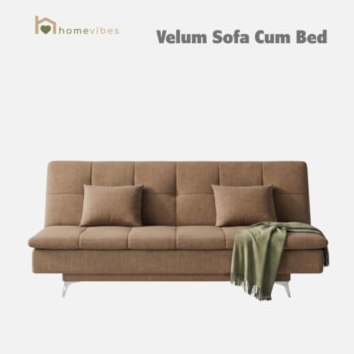 Image of Velum 3 Seater Sofa for Living Room & Office | Premium Fabric Upholstery | Solid Wood Frame | Comfortable Seating | 3 Years Warranty (Light Brown, Sofa Cum Bed)