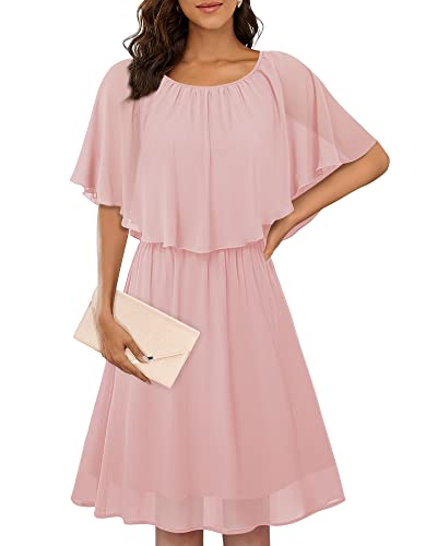 Bodhi Talk Wedding Guest Dresses For Women 2023 Solid Color Boat Neck Chiffon Cape Dress For Cocktail Party Women's Casual Summer Dress Pink Large #TOP9