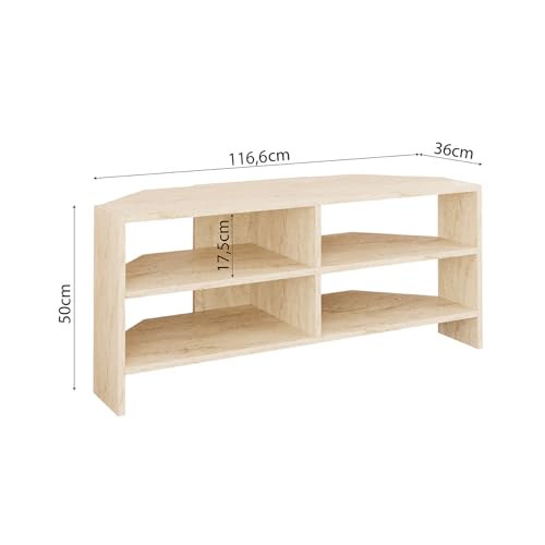 Bimossa Roy Corner TV Stand – Space-Saving TV Unit for 43–48'' TVs, Compact Media Console with Open Shelves & Cabinet, Ready to Assemble, (Travertine) - Image 2