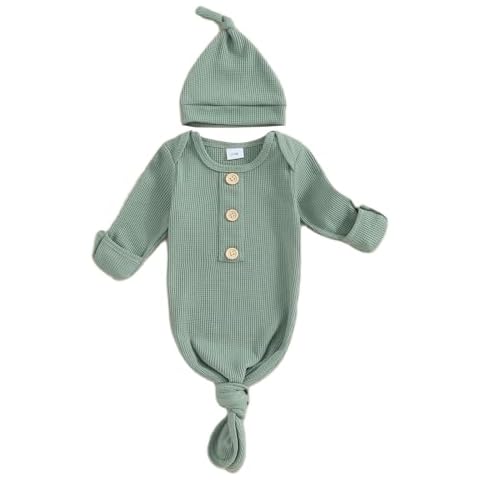 BULINGNA Newborn Baby Boys Girls Knotted Gown with Hat Set, Unisex Infant Nightgown with Mittens Sleepwear One Piece Pajamas (Green, 0-3 Months) Cover