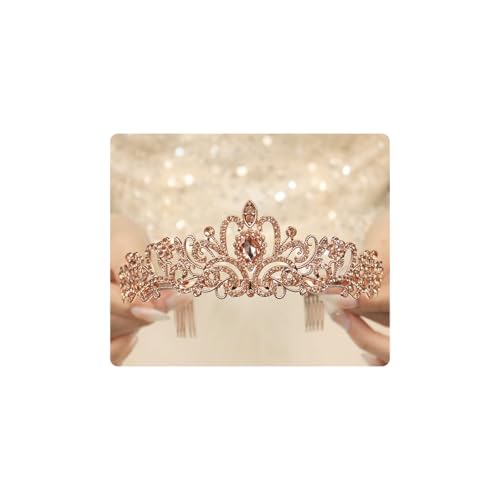 Rannyrena Corona de tiara de cristal brillante para mujer, hermosa diadema de boda con peines, elegante fiesta de cumpleaños, graduación, accesorios para el cabello (oro rosa, champán, estándar)
