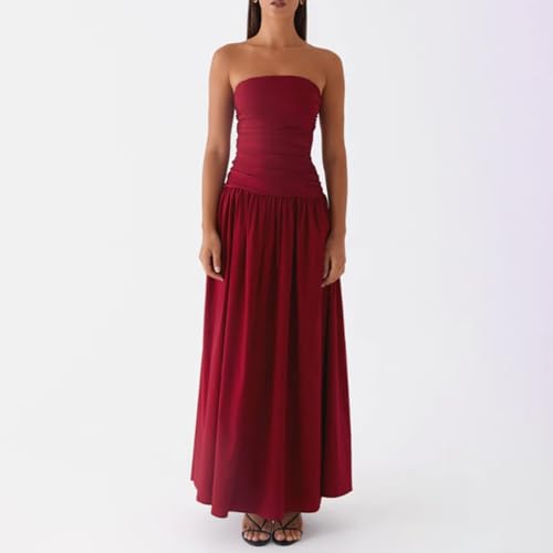 Image of Women Tube Top Maxi Dress 2025 Elegant Sleeveless Strapless Ruched Flowy Summer Long Wedding Party Cocktail Dresses