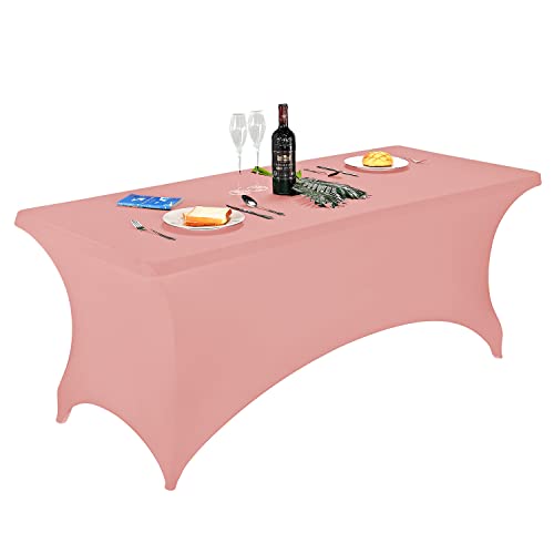 Image of FORLIFE Spandex Table Cover - Fitted 6ft Rectangular Tablecloth, Stretch Patio Table Cover for Wedding, Banquet, Party (Dusty Pink)