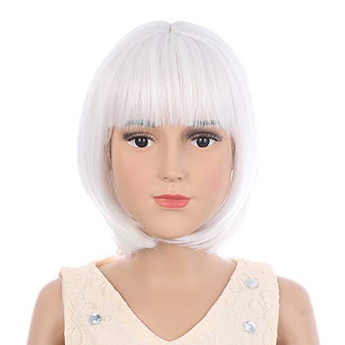Image of PATTNIUM Kids White Wig Child Short White Bob Wigs for Girls Cosplay Party Synthetic Rose Net Daily Wear Wigs