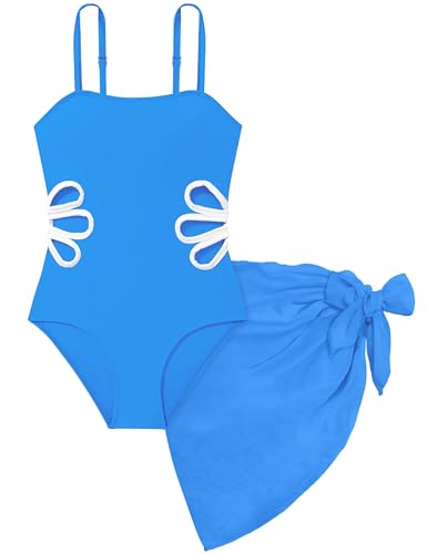 Image of Girls Swimsuit Adjustable Straps Cut Out One Piece Bathing Suit with Solid Color Cover Up Skirt Girls' Swimwear 5-16Y