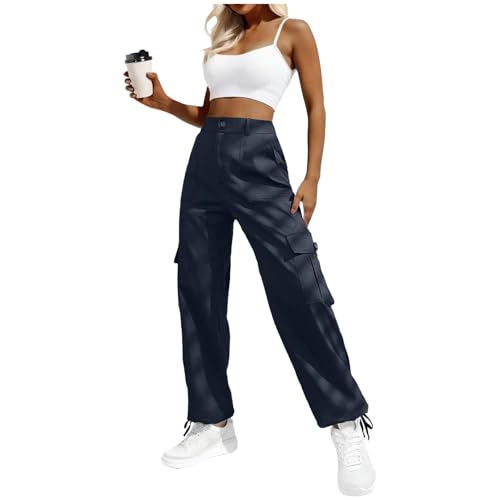 Women High Waisted Cargo Pants Wide Leg Casual Pants Work Pants Navy Blue