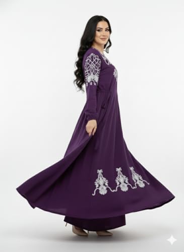 Elegant Traditional Arabic Maxi Dress,Cotton with Embroidered Floral Design, V-Neck Long Sleeve Abaya (Purple)