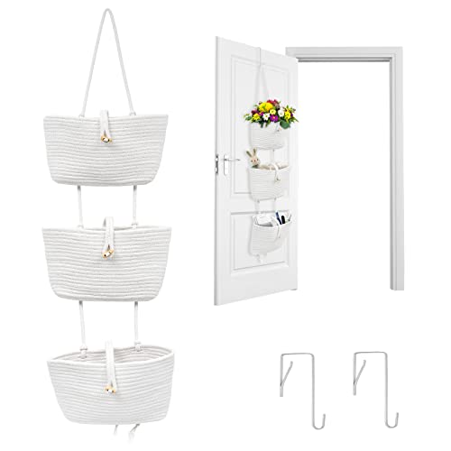 Hangende opbergmanden voor deur, organizer van geweven katoenen touw, hangkast met 3 vakken, opbergoplossing van stof voor slaapkamer, badkamer (WHITE)