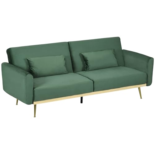 HOMCOM Sofá Cama 2 plazas con 2 Cojines desenfundables Respaldo reclinable sofá Clic clac Aspecto Terciopelo Funda - 206W x 81D x 83H cm - Verde