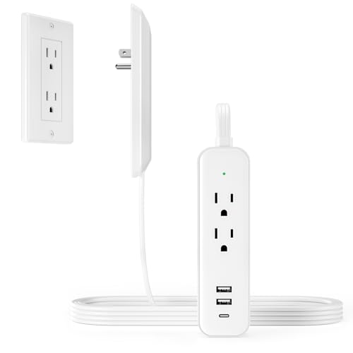 Flat Socket Extension Cord 5 FT Surge Protector Power Strip with 2 AC Outlets 1 USB C and 2 USB A Ports, Multiple Wall Outlet Extender Suitable for Home Dorm Desk Garage Work Travel Apartment (5FT)