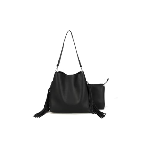 Large Hobo Handbag with Fringe Tassels Faux Leather Shoulder Bag with Magnetic Closure Black