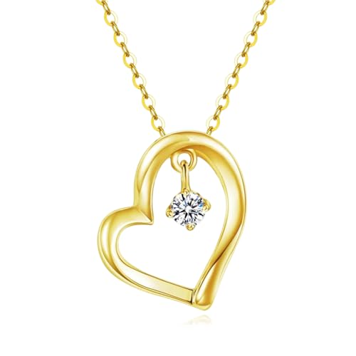 14k Solid Gold Heart Necklace for Women, Solid Gold Chain and 0.1 Carat Lab-Grown Diamonds Yellow Gold Pendant Necklaces for Her, Anniversary Jewelry Present for Wife, Gifts for Mother,16